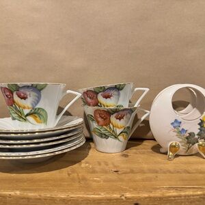 Vintage Kutani China Kosen Tea Set Pieces With Two Bud Vases, Tea Plates